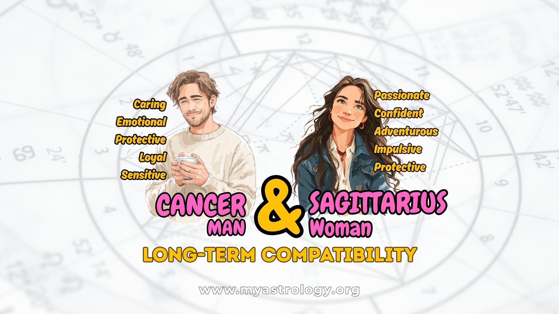 Cancer Man and Sagittarius Woman Passionate Contrast